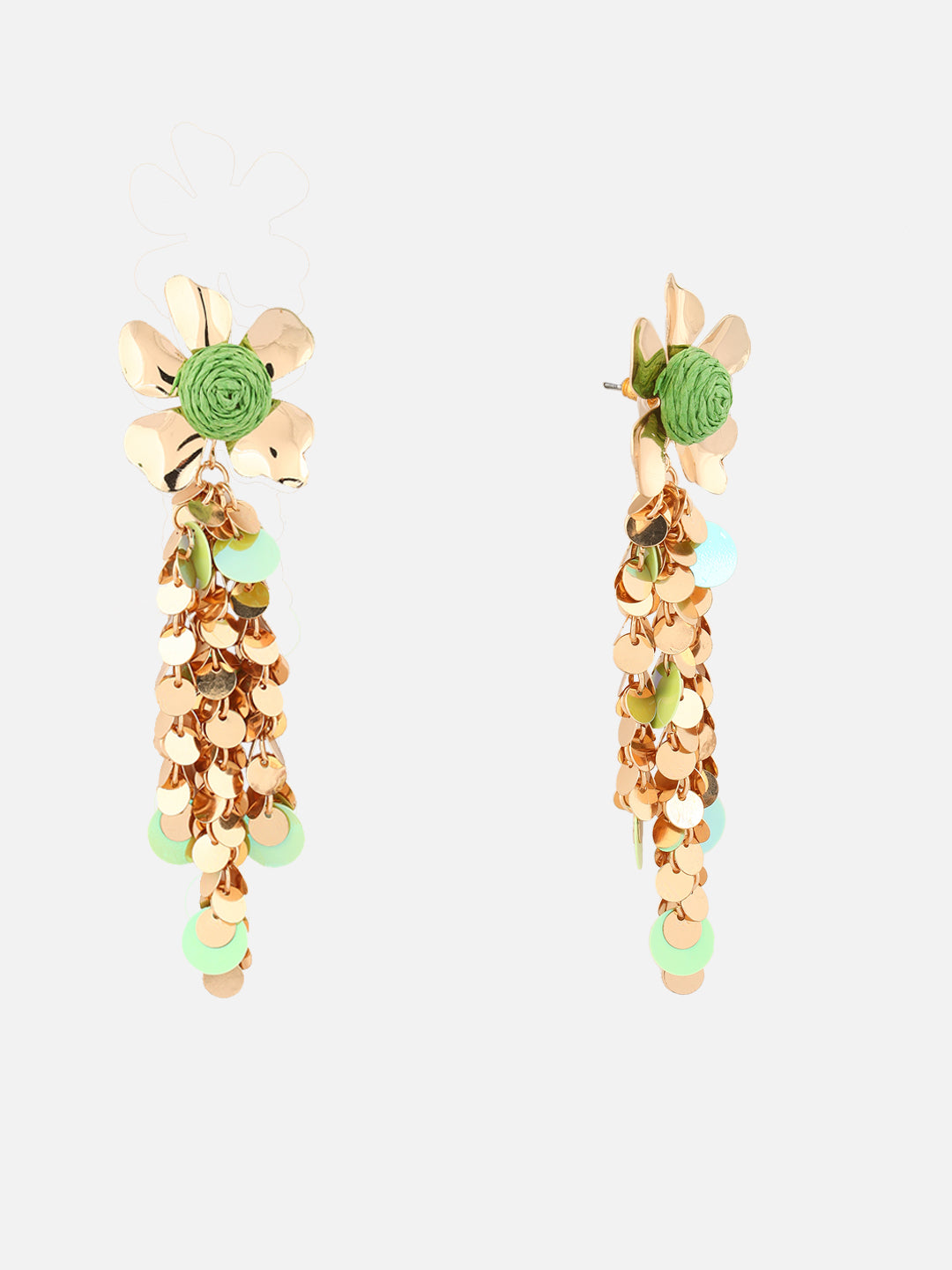 Gold-Plated Floral Shaped Drop Green Earrings