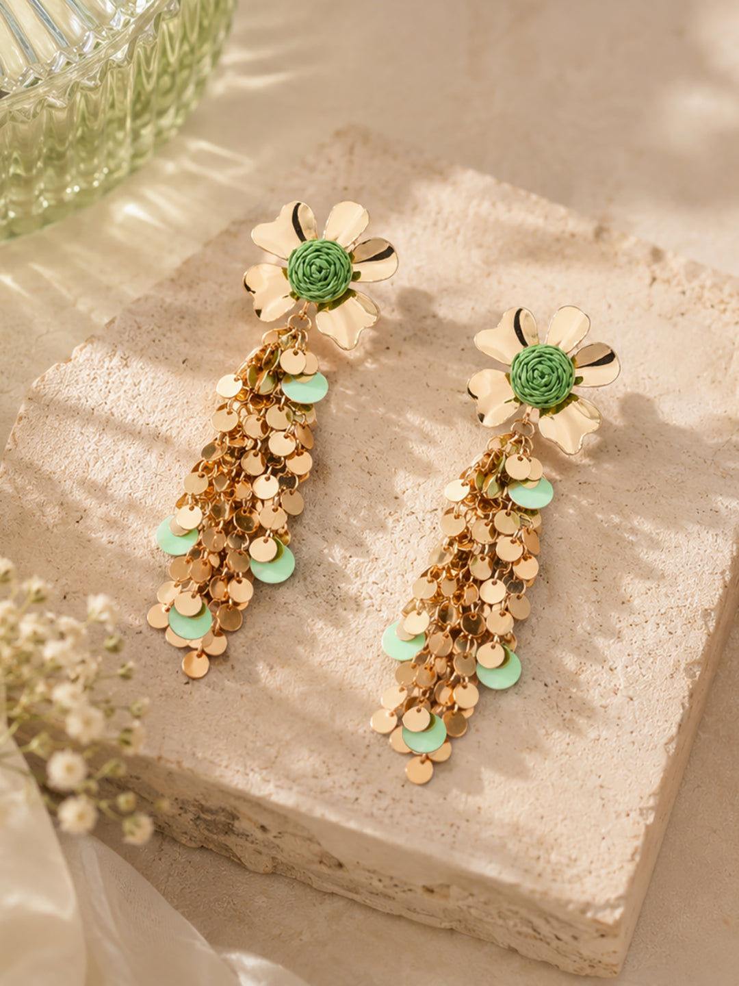 Gold-Plated Floral Shaped Drop Green Earrings