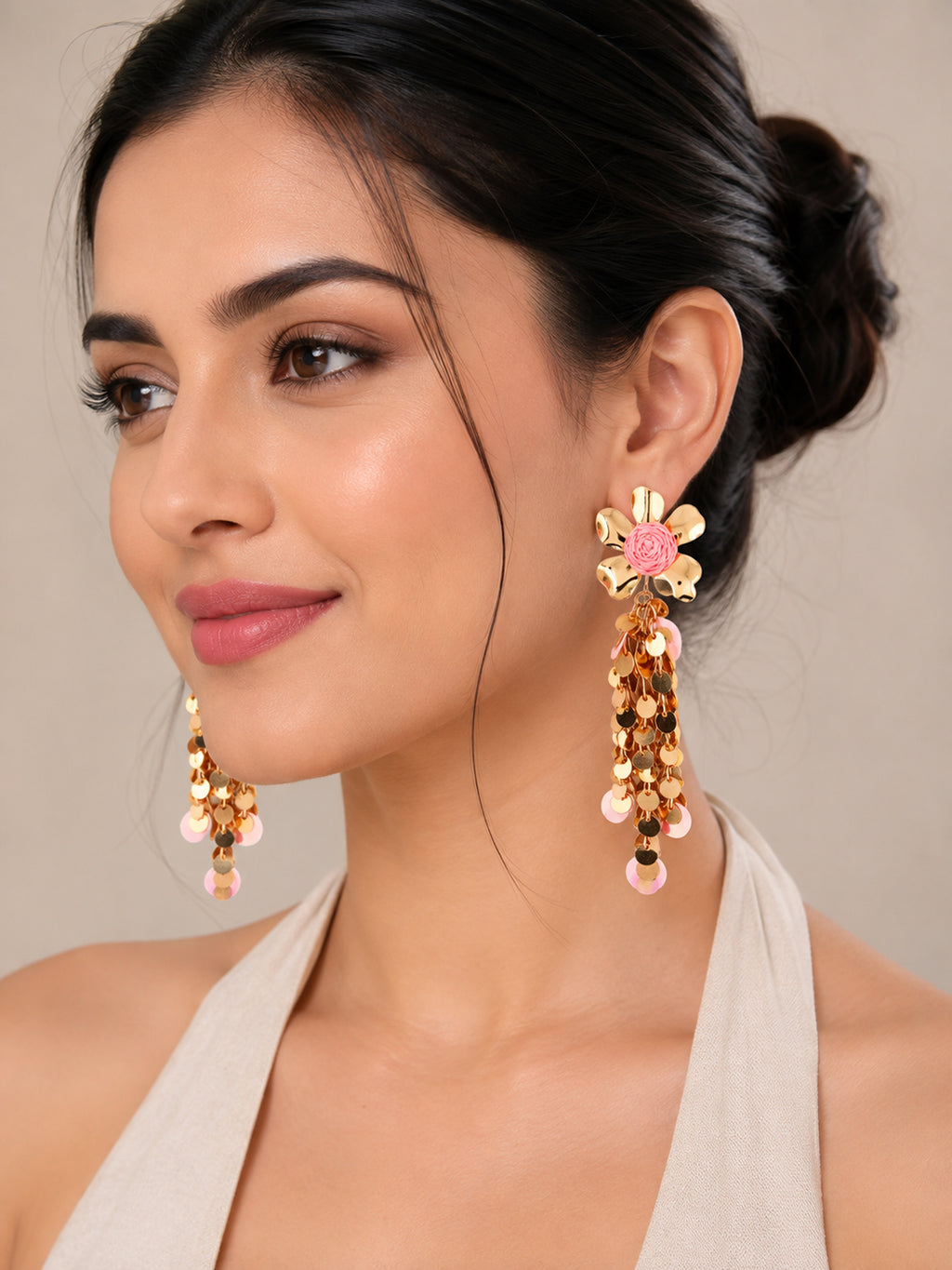 Gold-Plated Floral Shaped Drop Light Pink Earrings