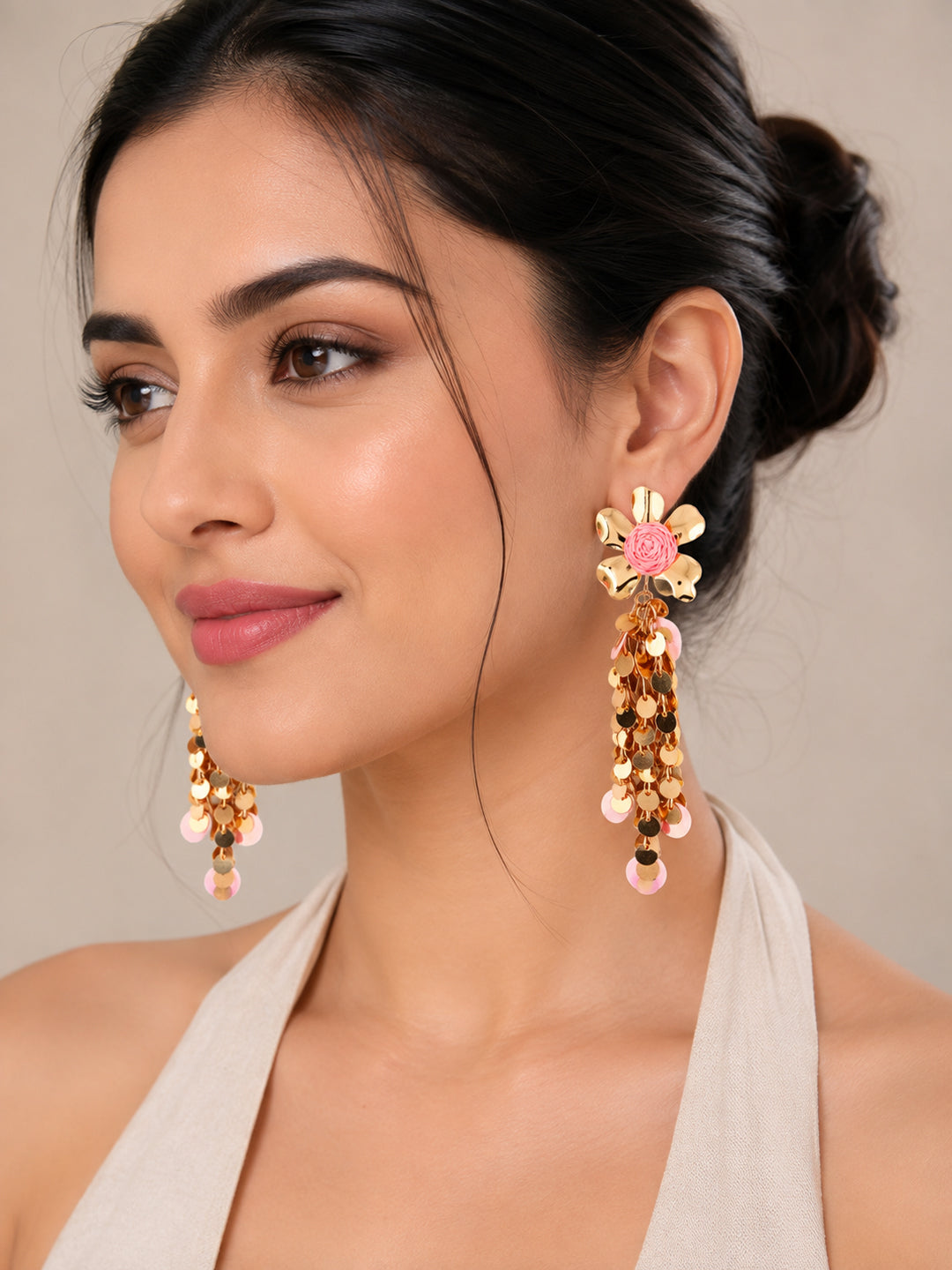 Gold-Plated Floral Shaped Drop Light Pink Earrings