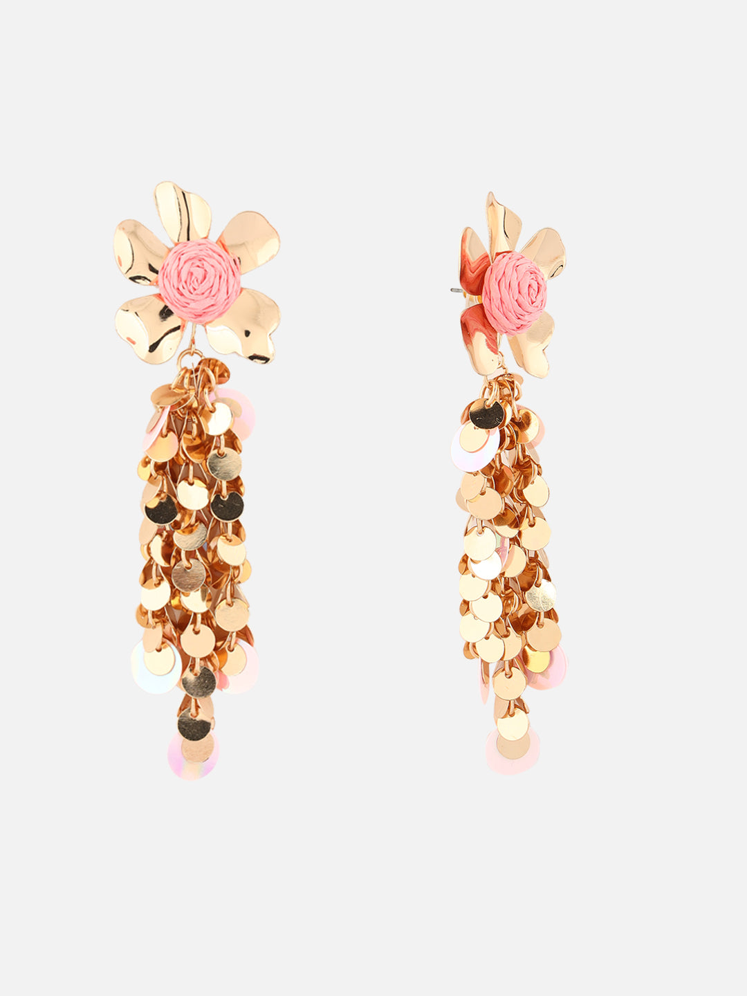 Gold-Plated Floral Shaped Drop Light Pink Earrings