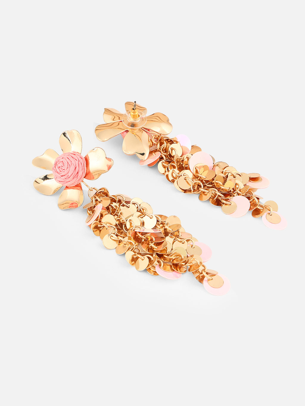 Gold-Plated Floral Shaped Drop Light Pink Earrings