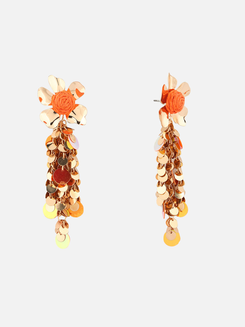 Gold-Plated Floral Shaped Drop Orange Earrings