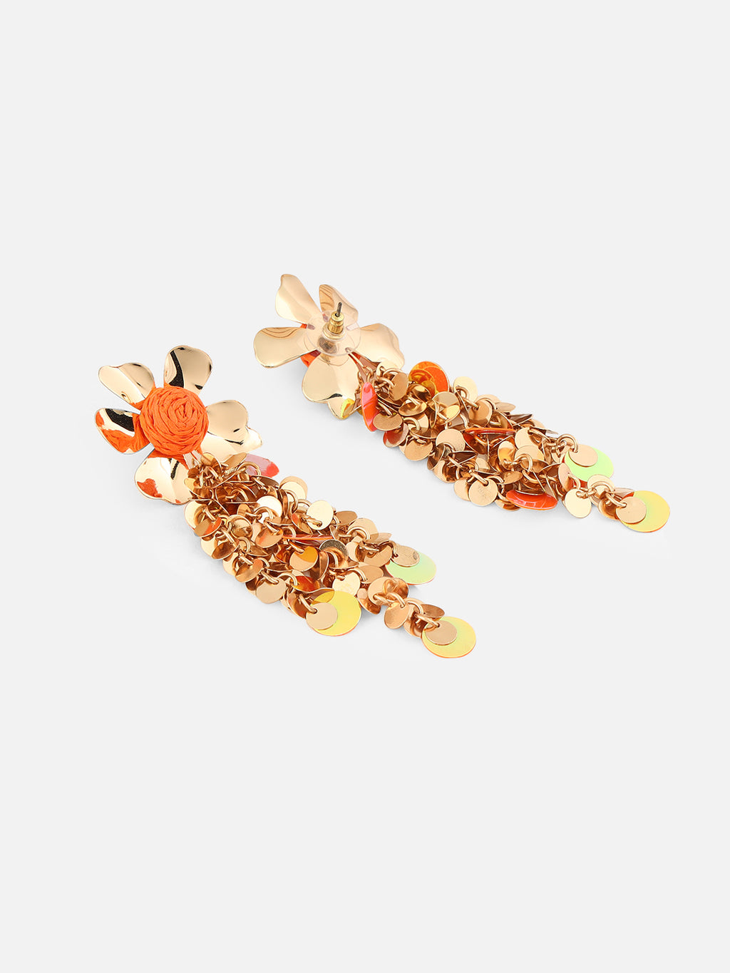 Gold-Plated Floral Shaped Drop Orange Earrings