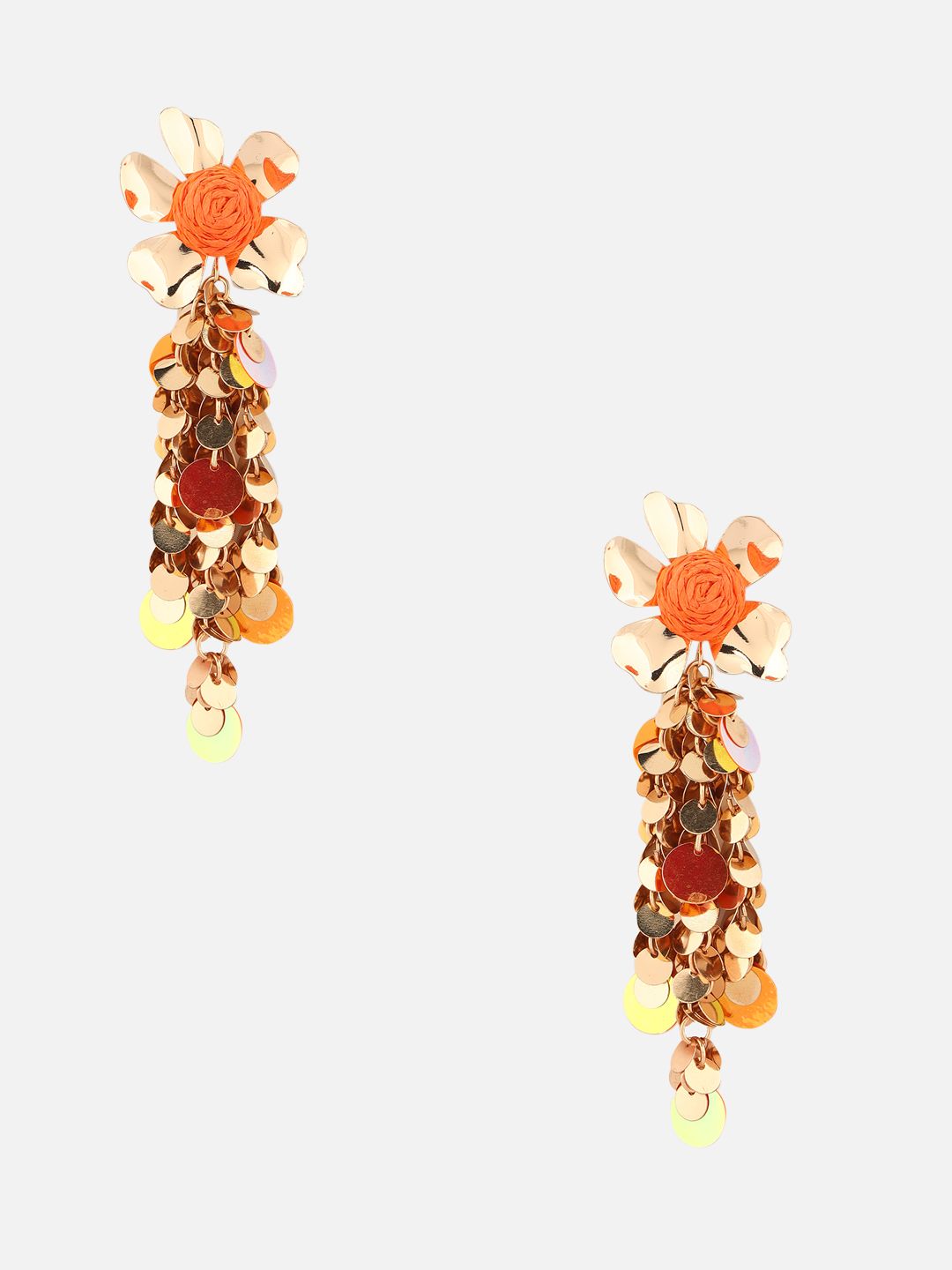 Gold-Plated Floral Shaped Drop Orange Earrings