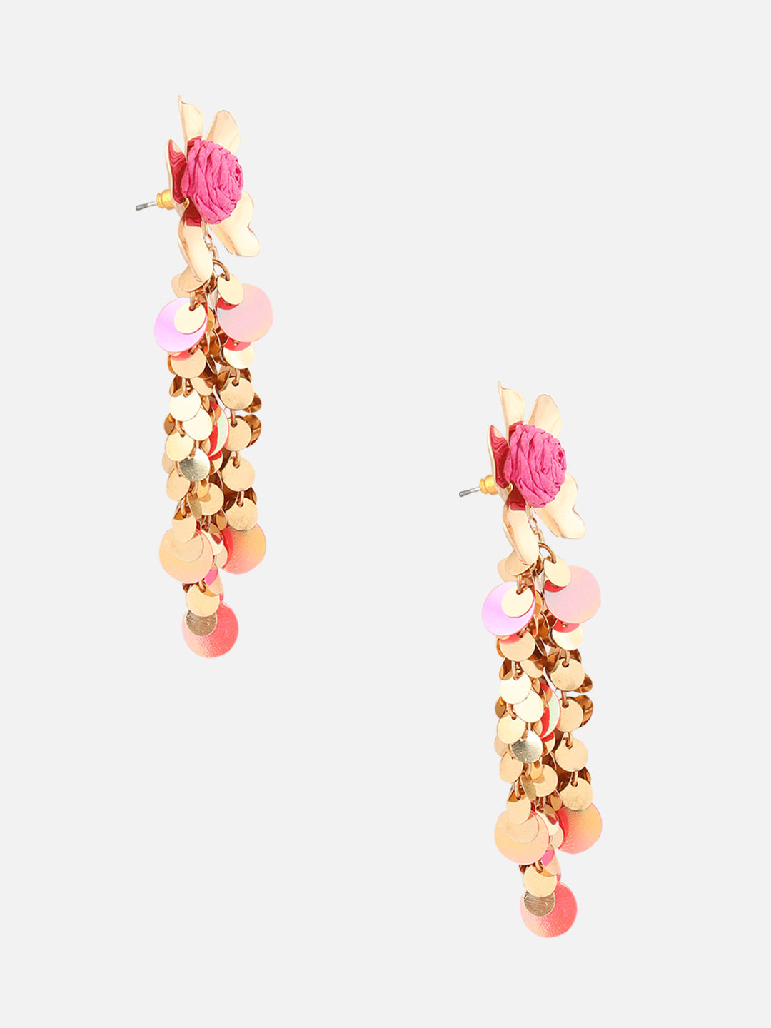 Gold-Plated Floral Shaped Drop Pink Earrings