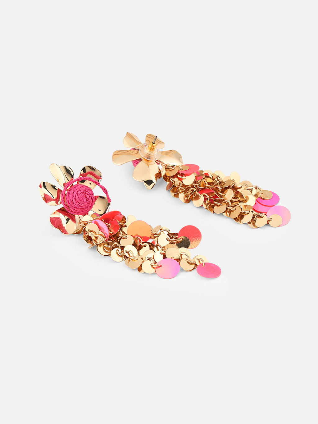 Gold-Plated Floral Shaped Drop Pink Earrings