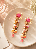 Gold-Plated Floral Shaped Drop Pink Earrings