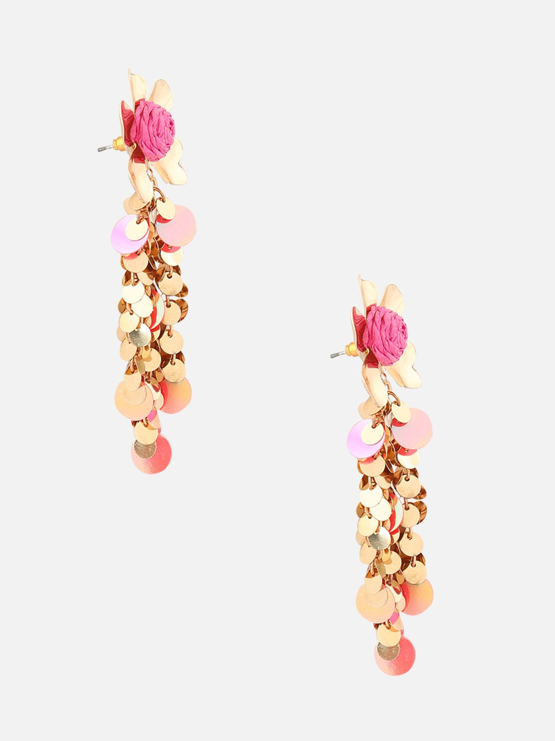Gold-Plated Floral Shaped Drop Pink Earrings