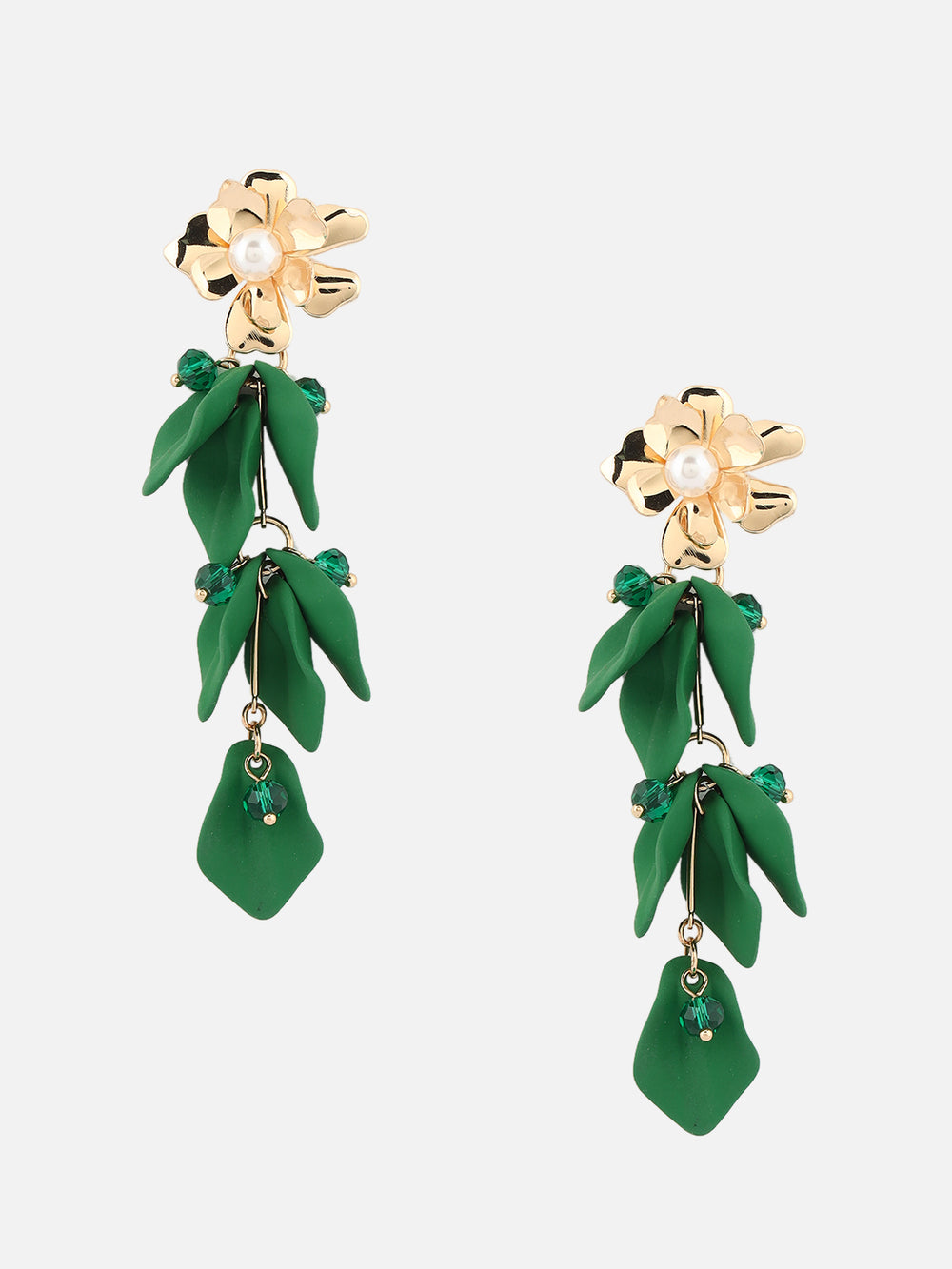 Gold-Plated Artificial Stones Studded & Beaded Floral Shaped Drop Earrings (Green)