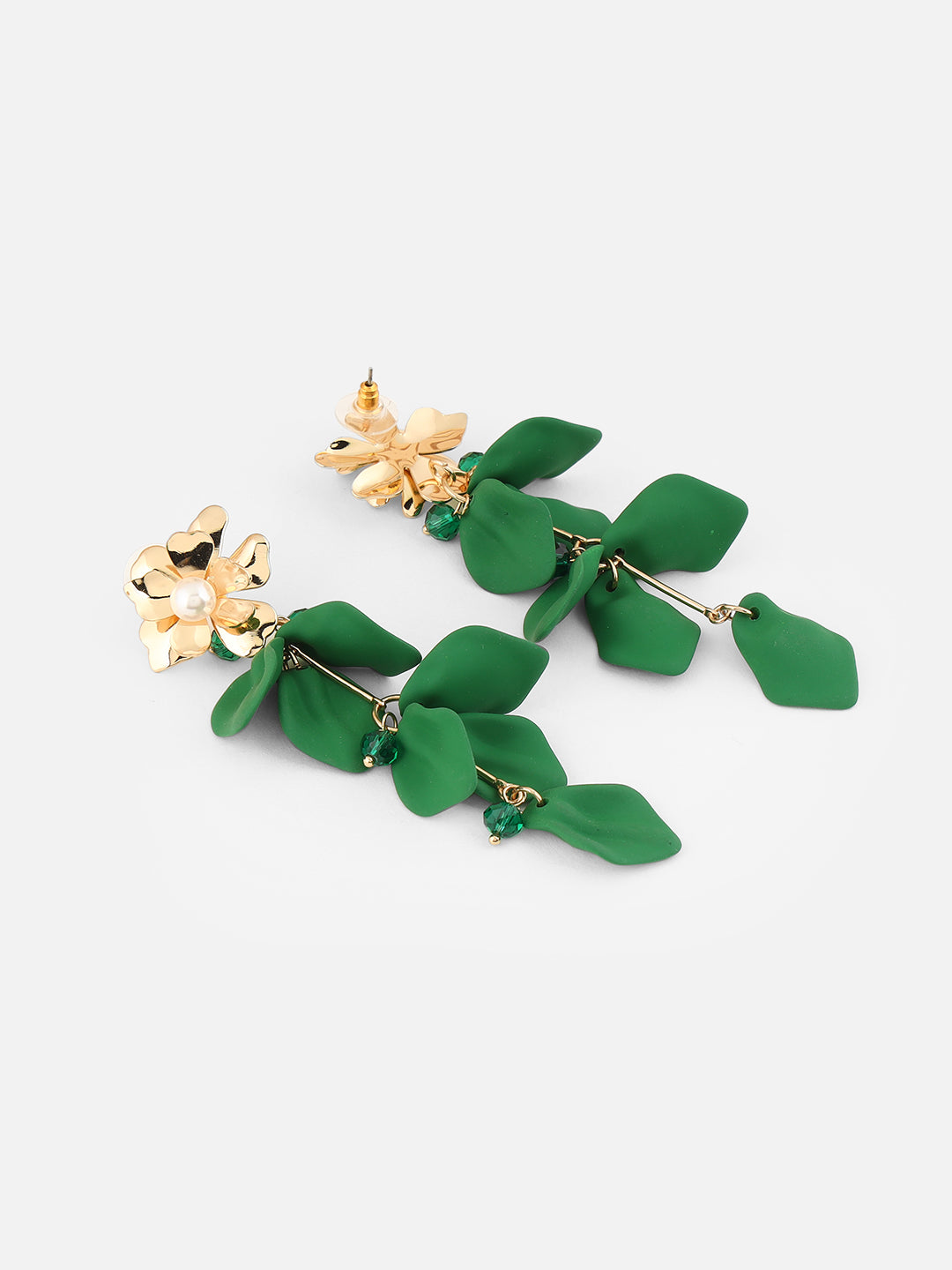 Gold-Plated Artificial Stones Studded & Beaded Floral Shaped Drop Earrings (Green)