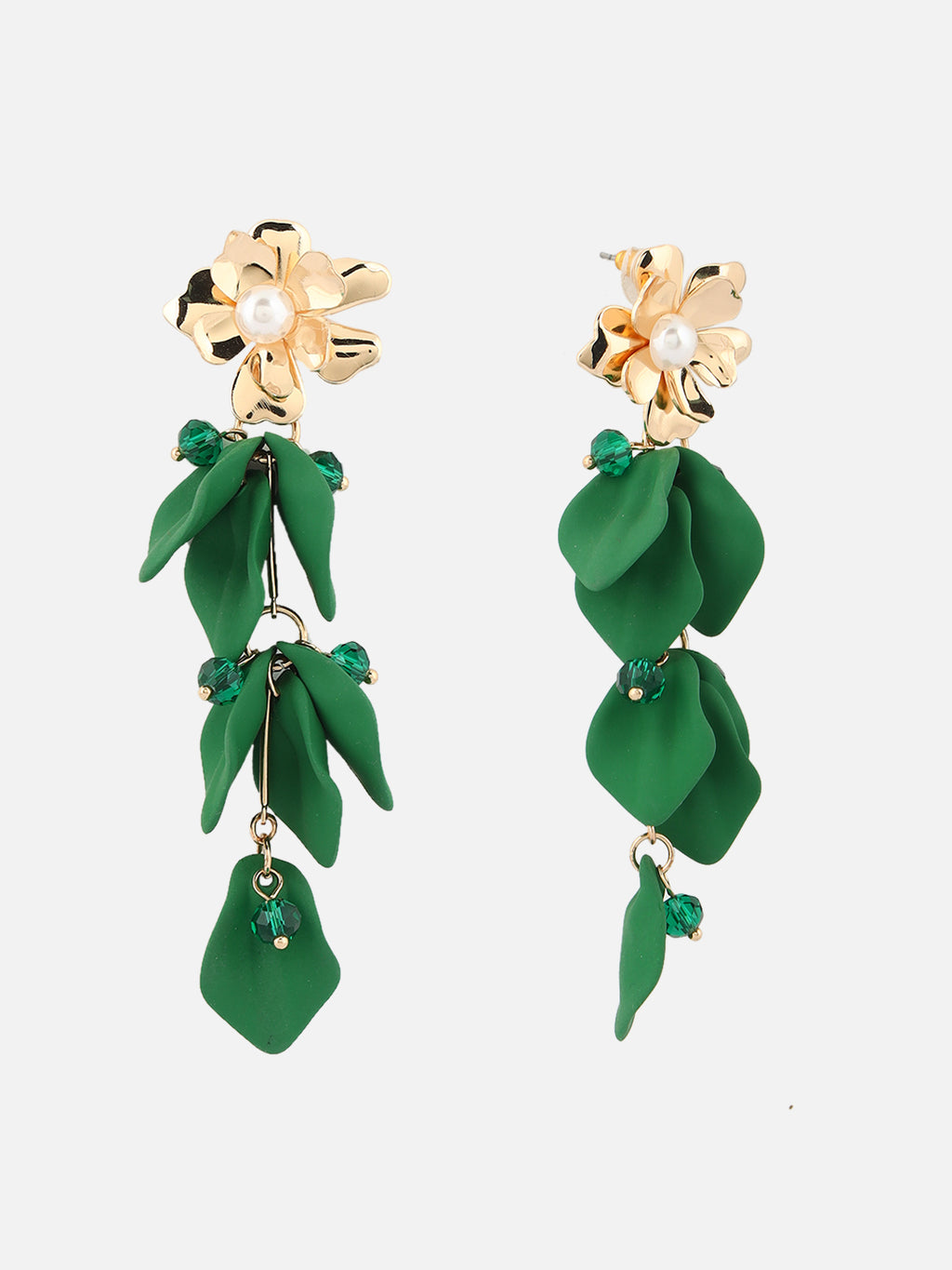 Gold-Plated Artificial Stones Studded & Beaded Floral Shaped Drop Earrings (Green)