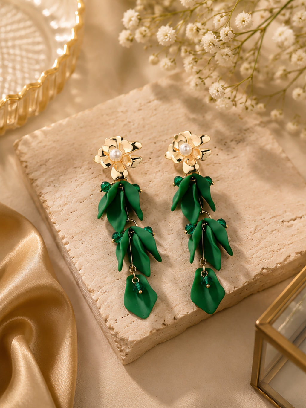 Green Floral Drop with Gold Flower & Pearl – Statement Dangle Earrings
