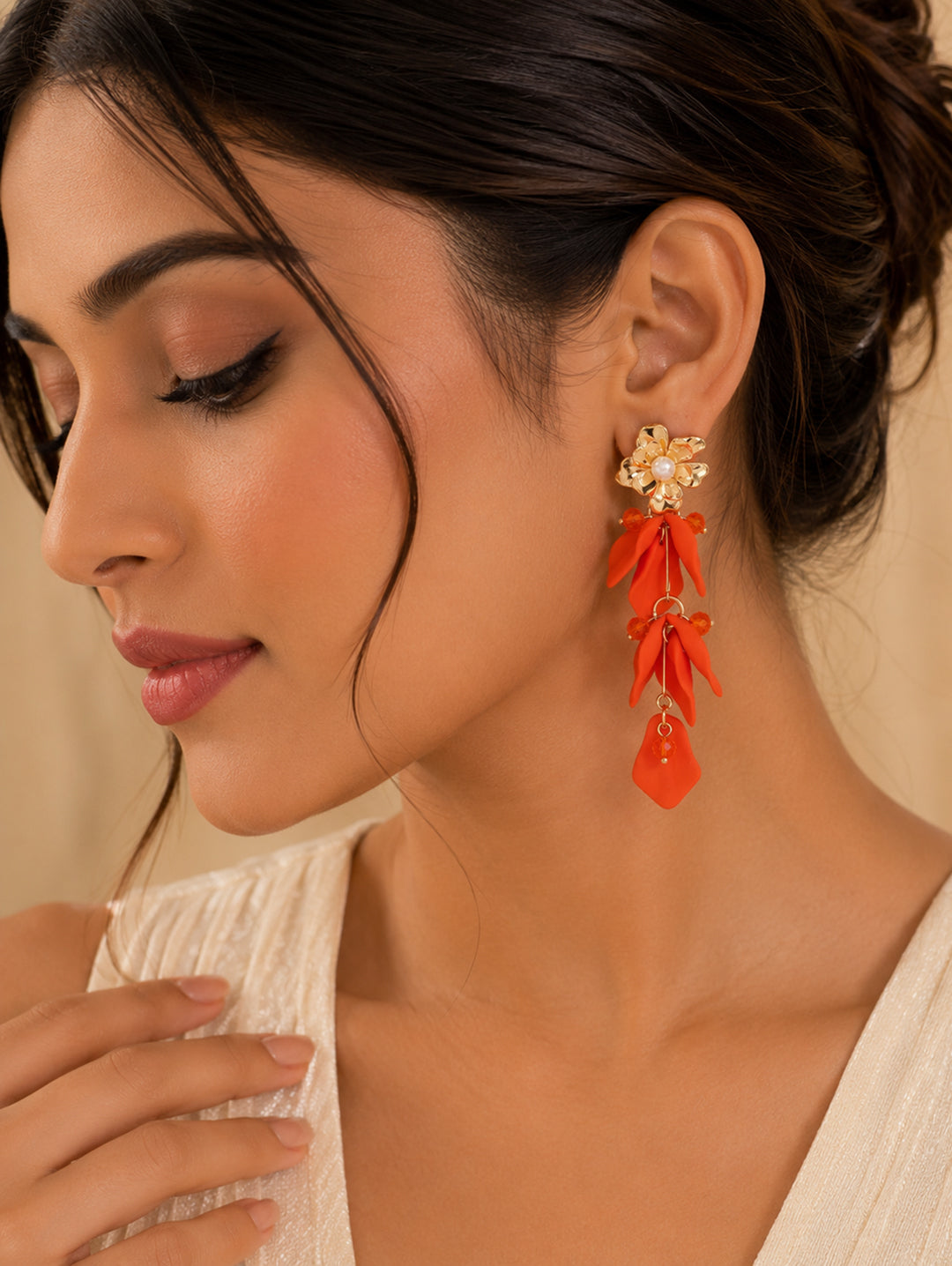 Orange Floral Drop with Gold Flower & Pearl – Statement Dangle Earrings