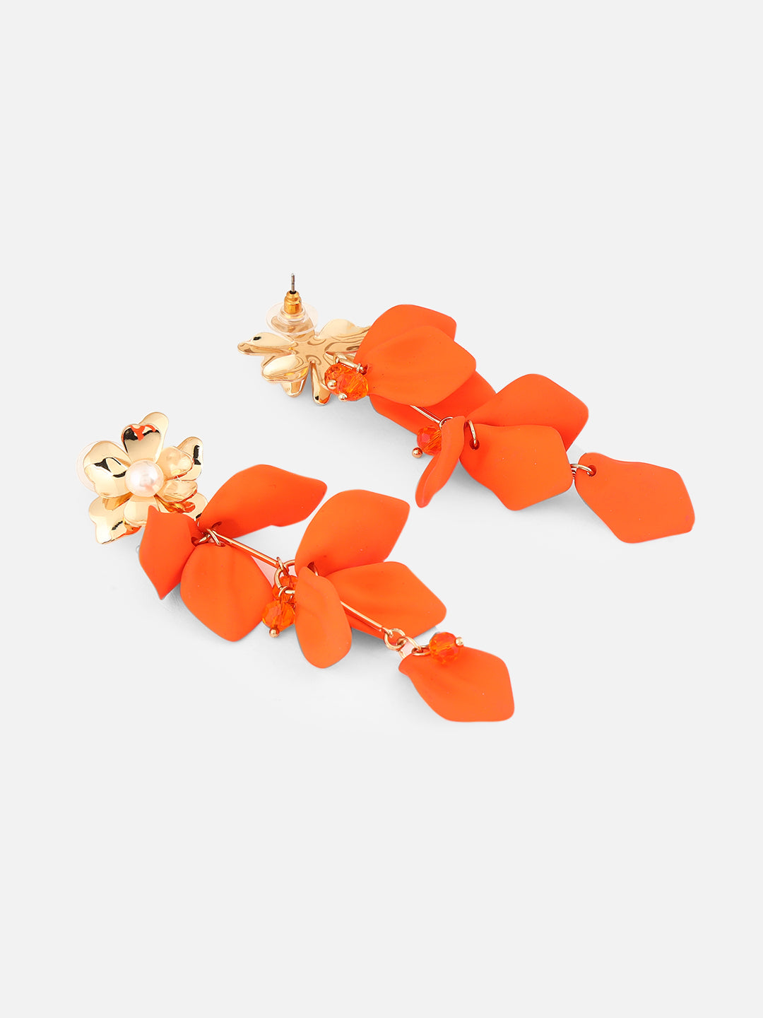 Gold-Plated Artificial Stones Studded & Beaded Floral Shaped Drop Earrings (Orange)