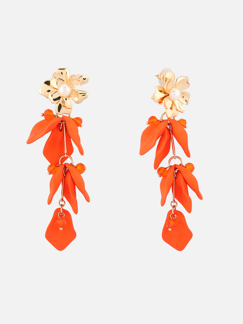Gold-Plated Artificial Stones Studded & Beaded Floral Shaped Drop Earrings (Orange)