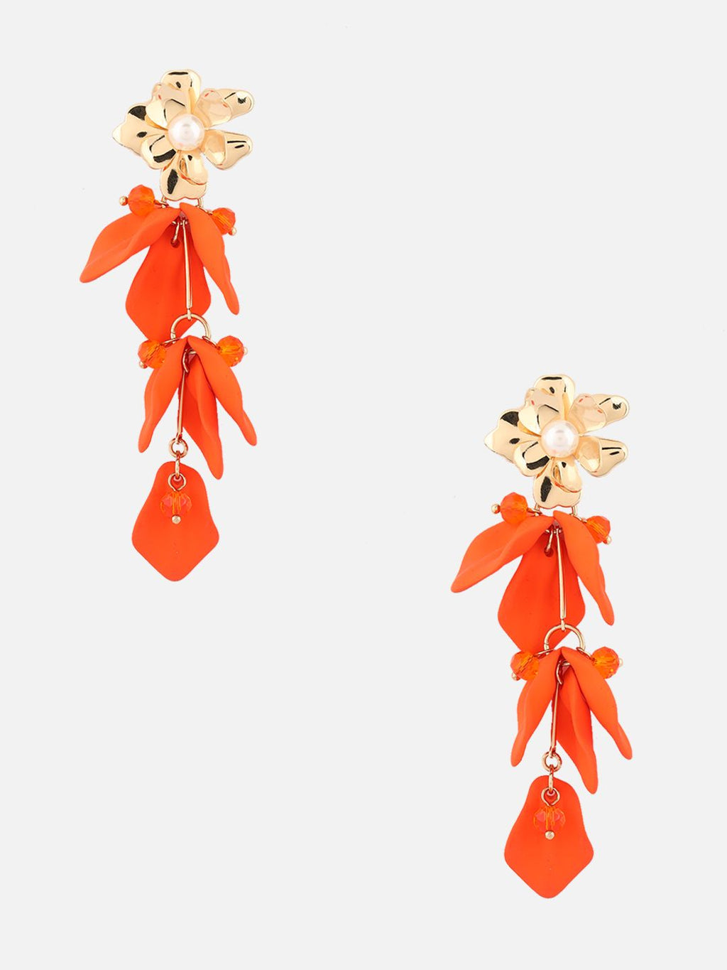Gold-Plated Artificial Stones Studded & Beaded Floral Shaped Drop Earrings (Orange)