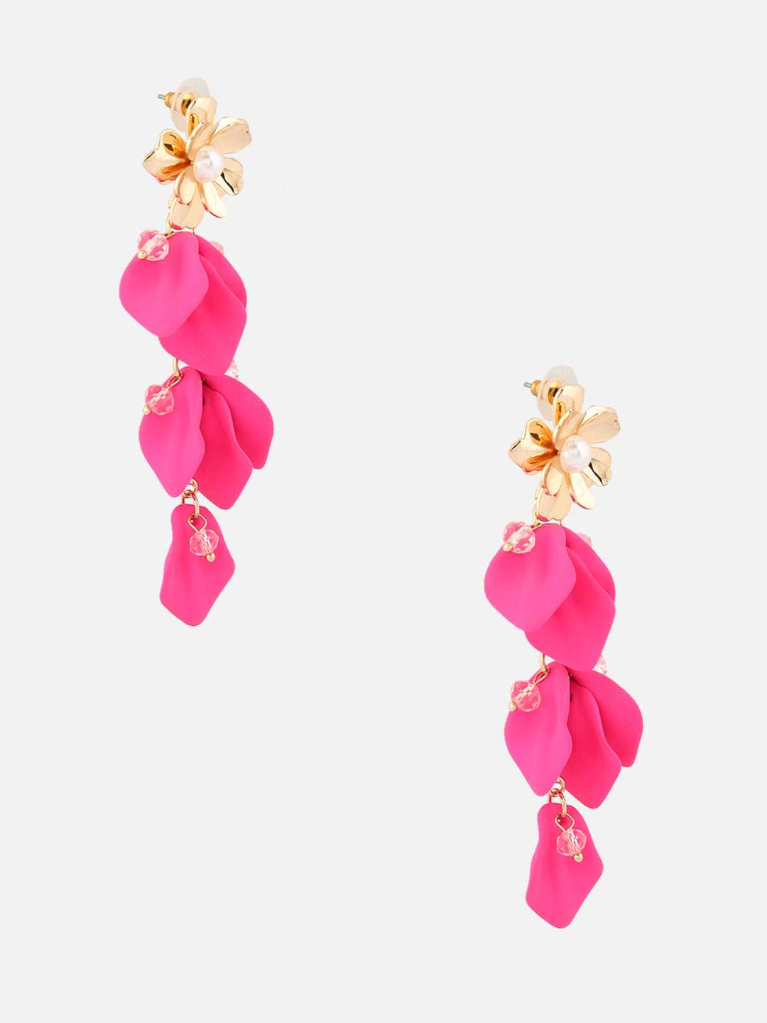 Gold-Plated Artificial Stones Studded & Beaded Floral Shaped Drop Earrings (Pink)