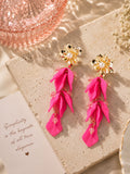 Pink Floral Drop with Gold Flower & Pearl – Statement Dangle Earrings
