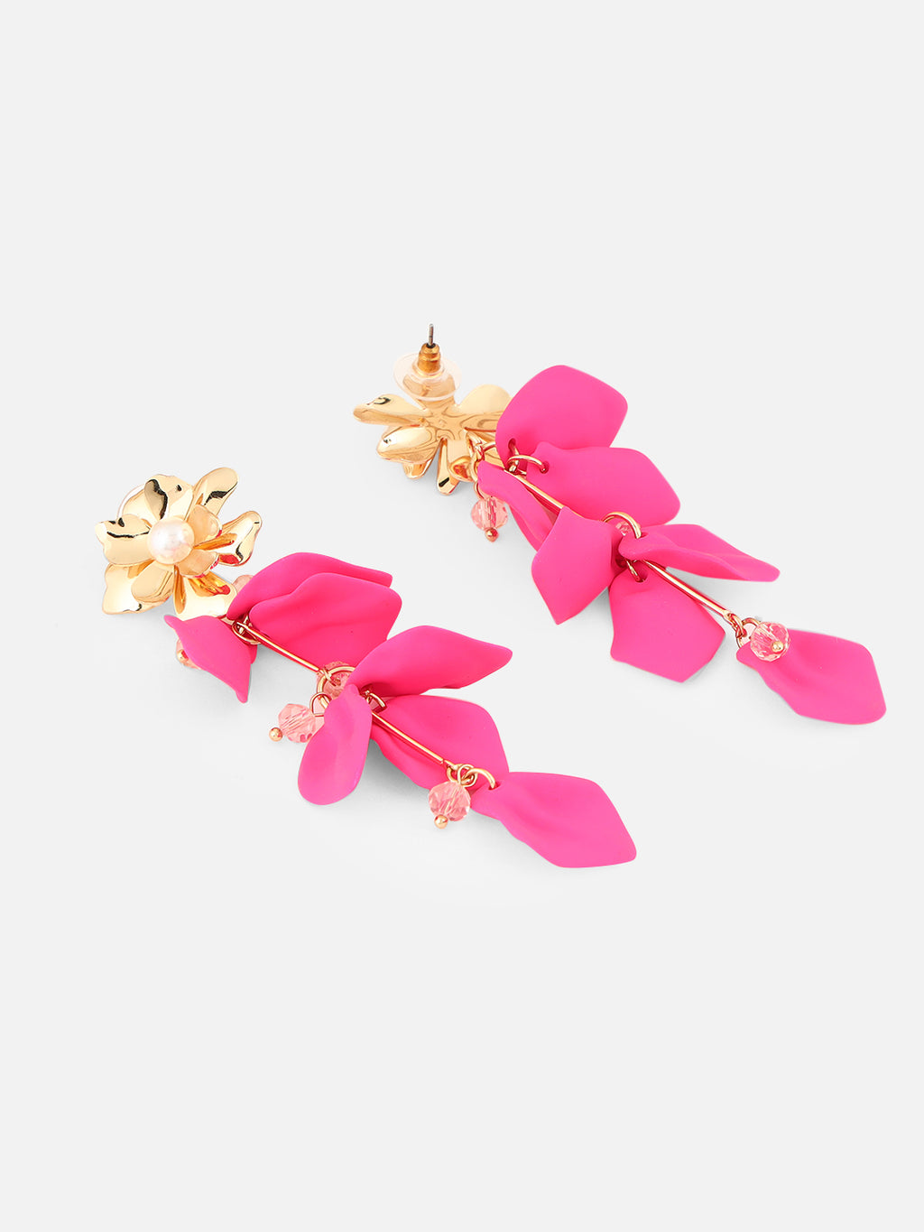 Gold-Plated Artificial Stones Studded & Beaded Floral Shaped Drop Earrings (Pink)
