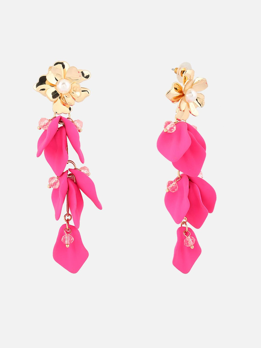 Gold-Plated Artificial Stones Studded & Beaded Floral Shaped Drop Earrings (Pink)