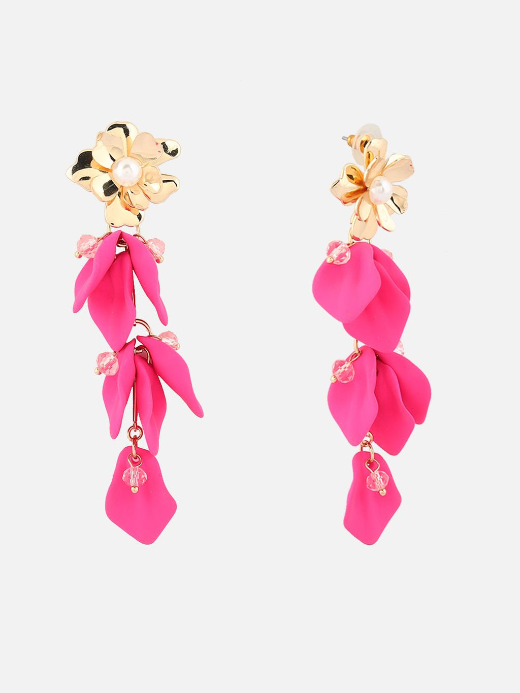 Gold-Plated Artificial Stones Studded & Beaded Floral Shaped Drop Earrings (Pink)