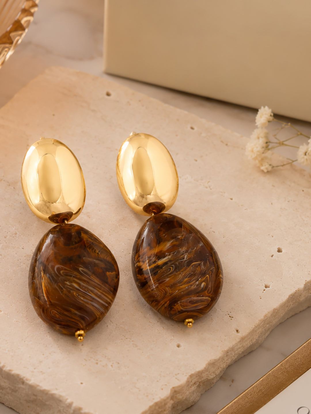 Gold-Plated Oval Shaped Drop Brown Earrings