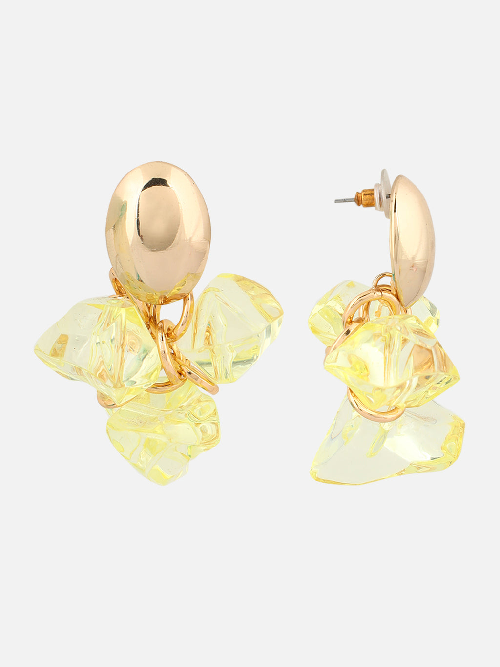 Gold-Plated Artificial Stones Studded Oval Shaped Drop Yellow Earrings