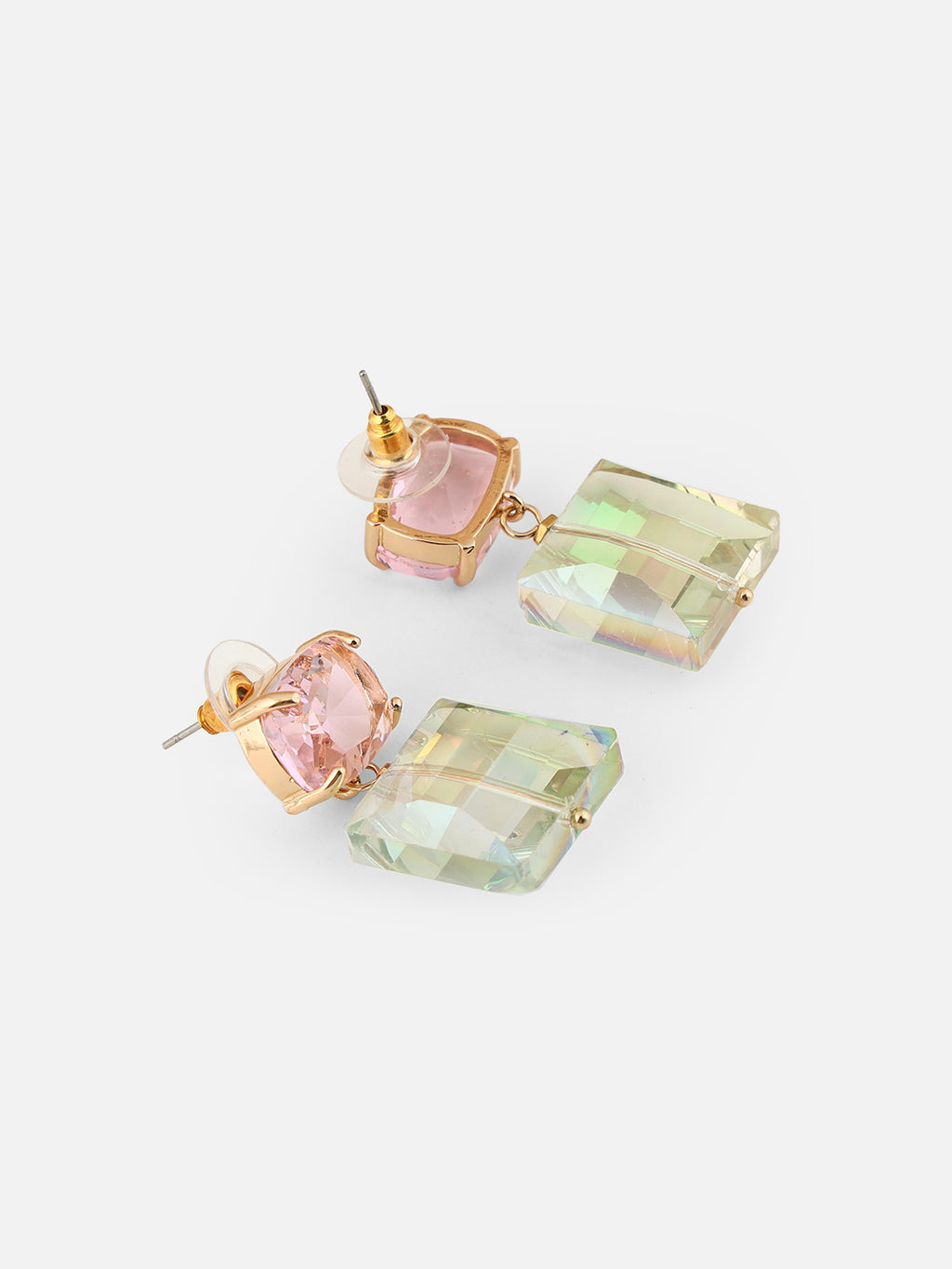 Light Green Gold-Plated Artificial Stones Square-Shaped Drop Earrings