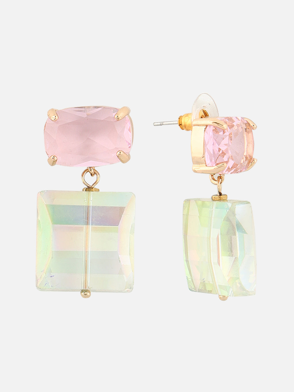 Light Green Gold-Plated Artificial Stones Square-Shaped Drop Earrings