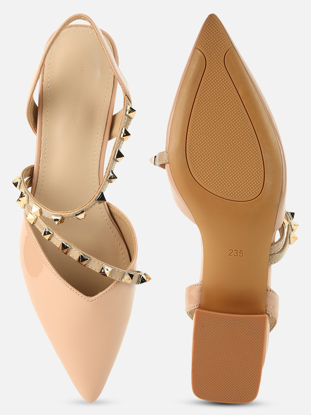 Beatnik Women’s Beige Slingback Heels | Studded Strap Pointed-Toe Dress Sandals