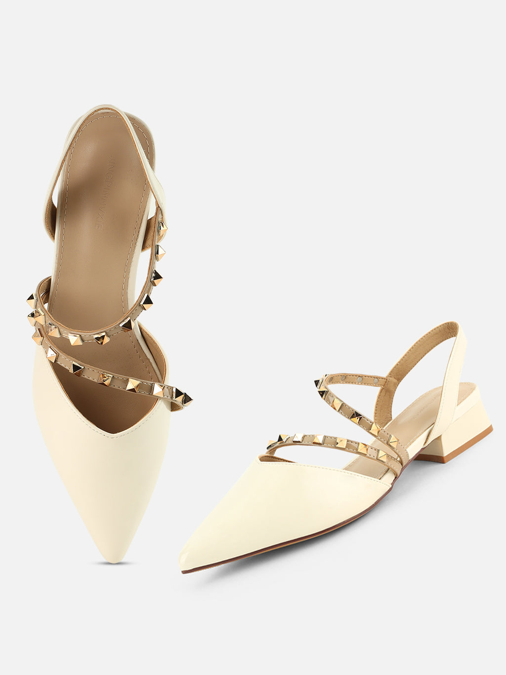 Beatnik Women’s White Slingback Heels | Studded Strap Pointed-Toe Dress Sandals