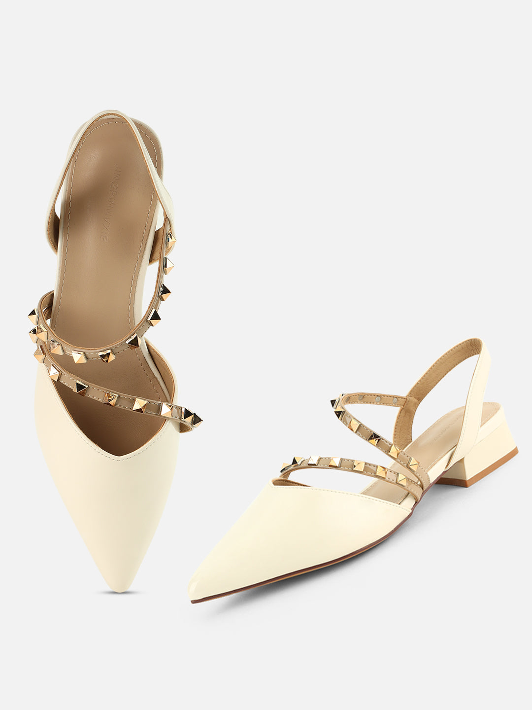 Beatnik Women’s White Slingback Heels | Studded Strap Pointed-Toe Dress Sandals