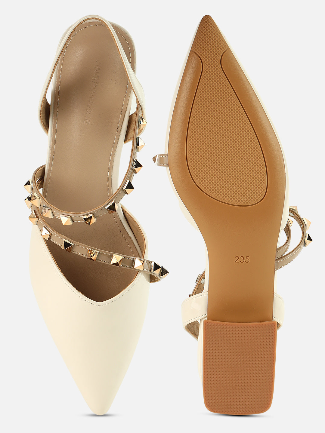 Beatnik Women’s White Slingback Heels | Studded Strap Pointed-Toe Dress Sandals