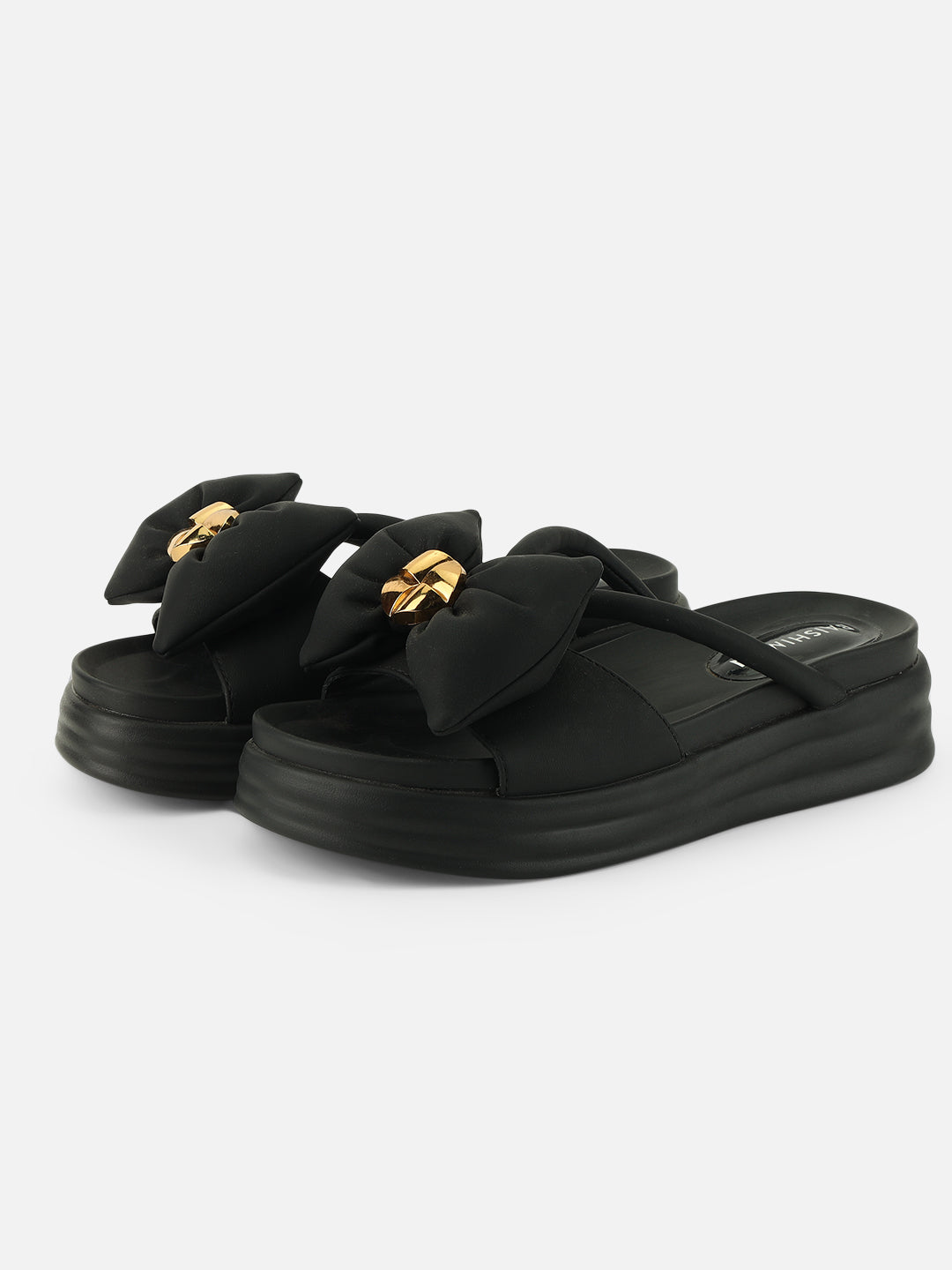 Beatnik Chic Charm: Black Bow Comfort Sandals with Gold Accent