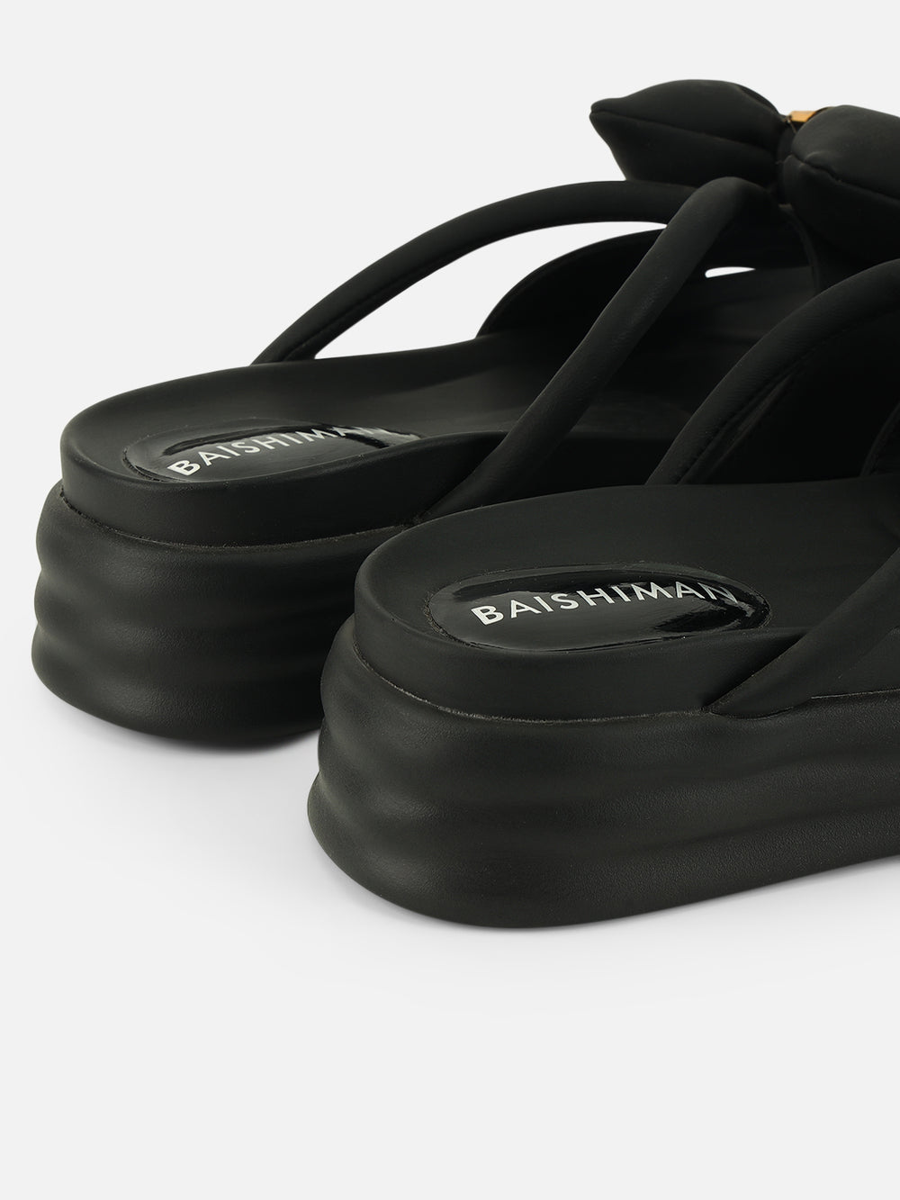 Beatnik Chic Charm: Black Bow Comfort Sandals with Gold Accent