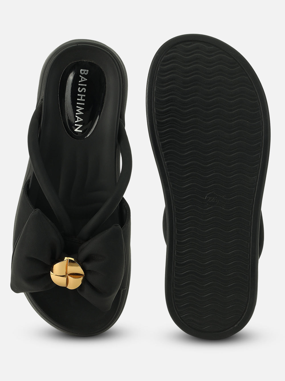 Beatnik Chic Charm: Black Bow Comfort Sandals with Gold Accent