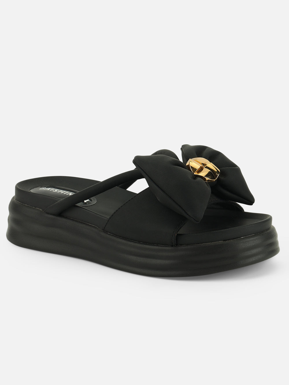 Beatnik Chic Charm: Black Bow Comfort Sandals with Gold Accent