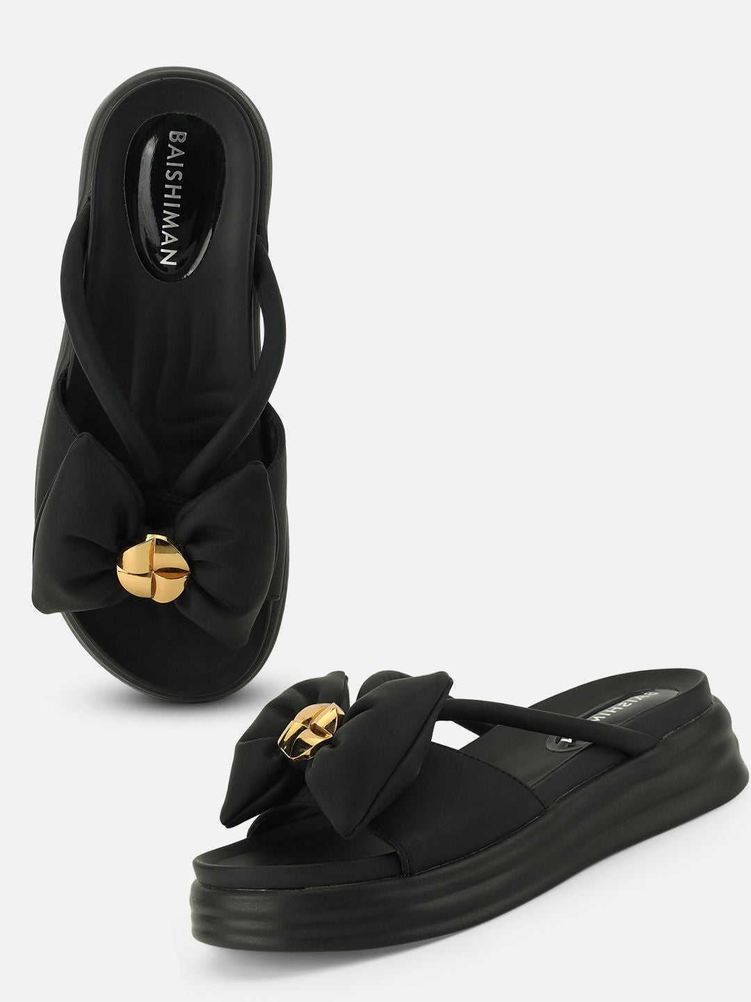 Beatnik Chic Charm: Black Bow Comfort Sandals with Gold Accent
