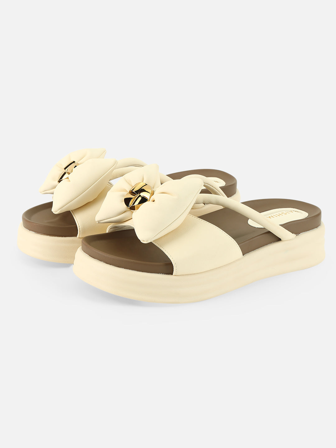 Beatnik Chic Charm: White Bow Comfort Sandals with Gold Accent