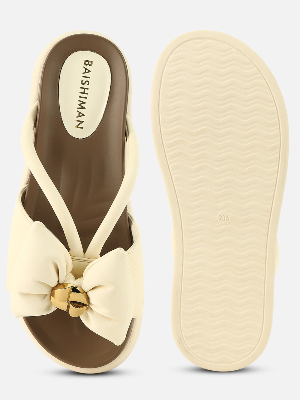 Beatnik Chic Charm: White Bow Comfort Sandals with Gold Accent