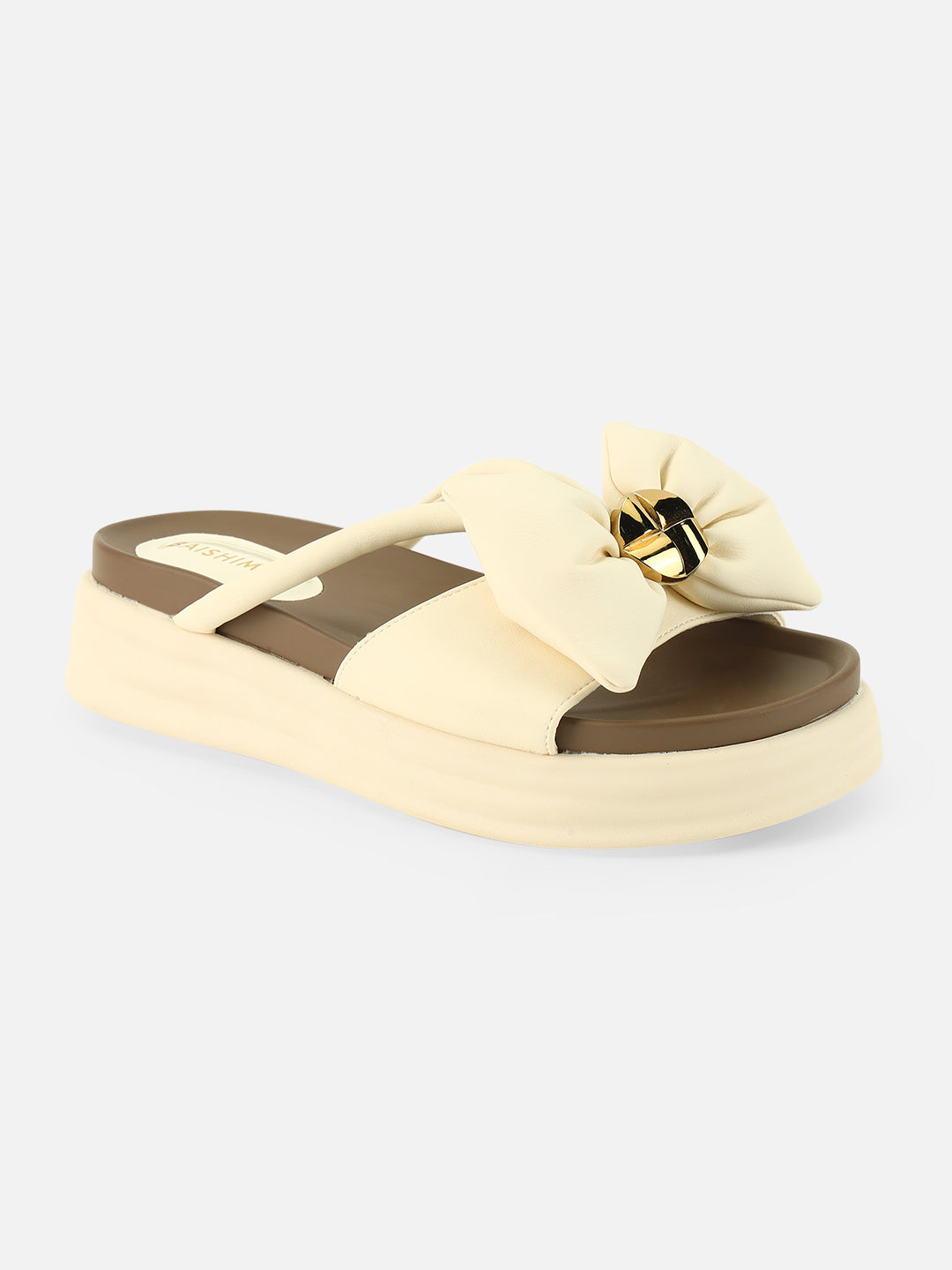 Beatnik Chic Charm: White Bow Comfort Sandals with Gold Accent