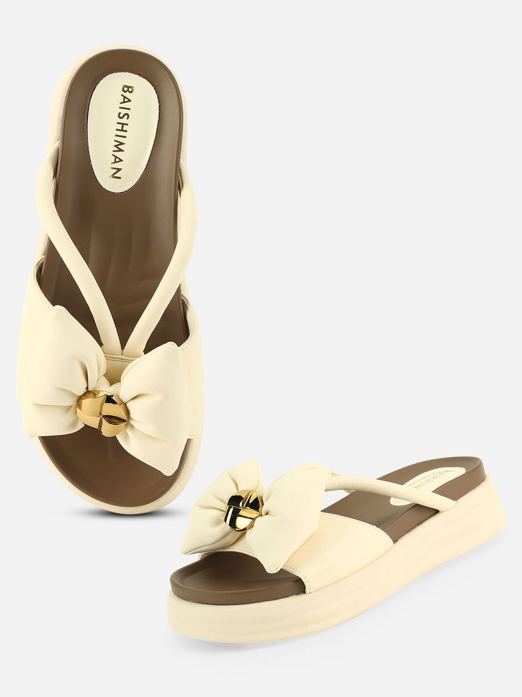 Beatnik Chic Charm: White Bow Comfort Sandals with Gold Accent