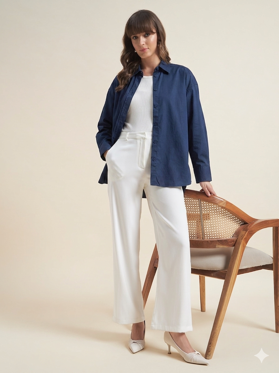 Beatnik Women Navy Blue Oversized Poplin Full Sleeve Office Formal Shirt