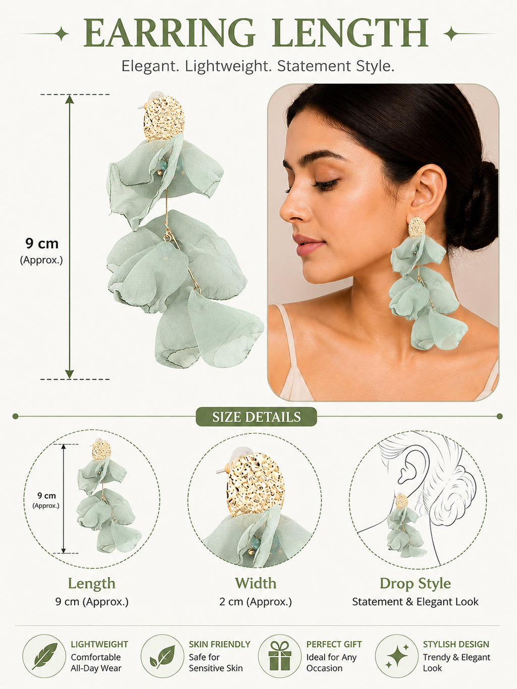 Gold-Plated Fabric Contemporary Drop Green Earrings