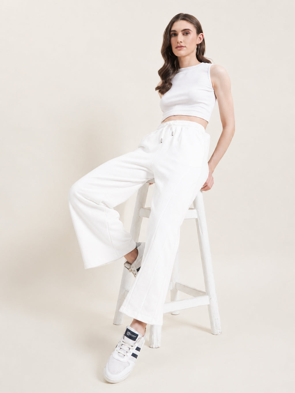 Beatnik Women Off White Flared French Terry High-Rise Straight Fit Casual Trousers Pants