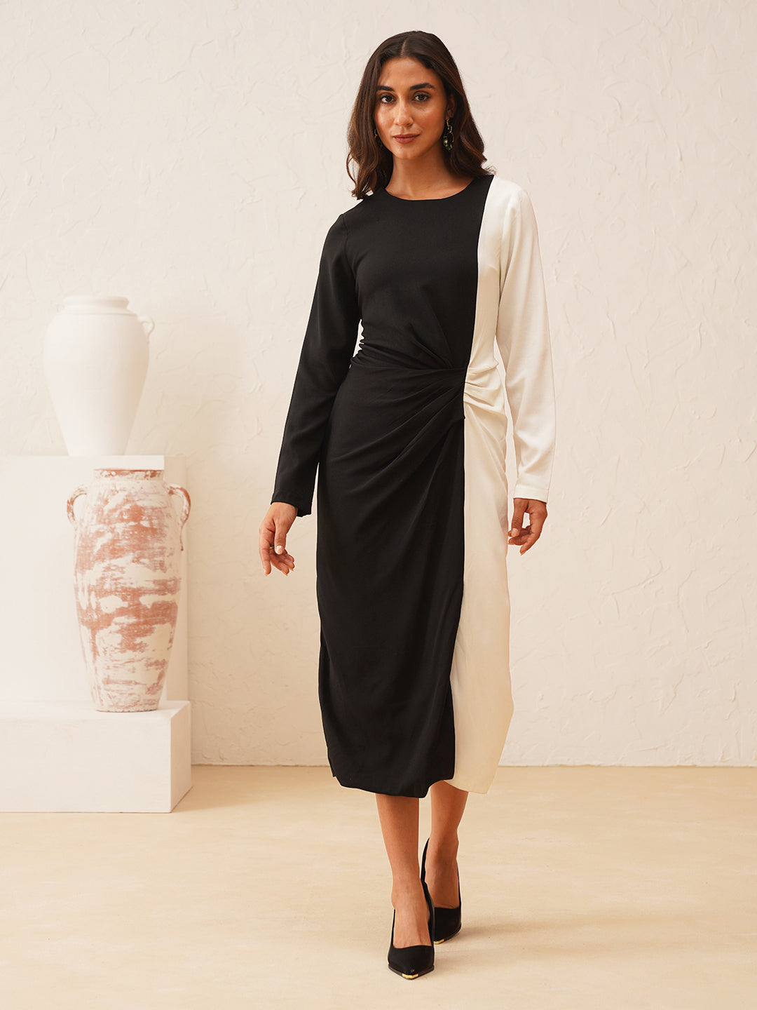 Beatnik Black & White Sheath Midi Dress Beatnik India
