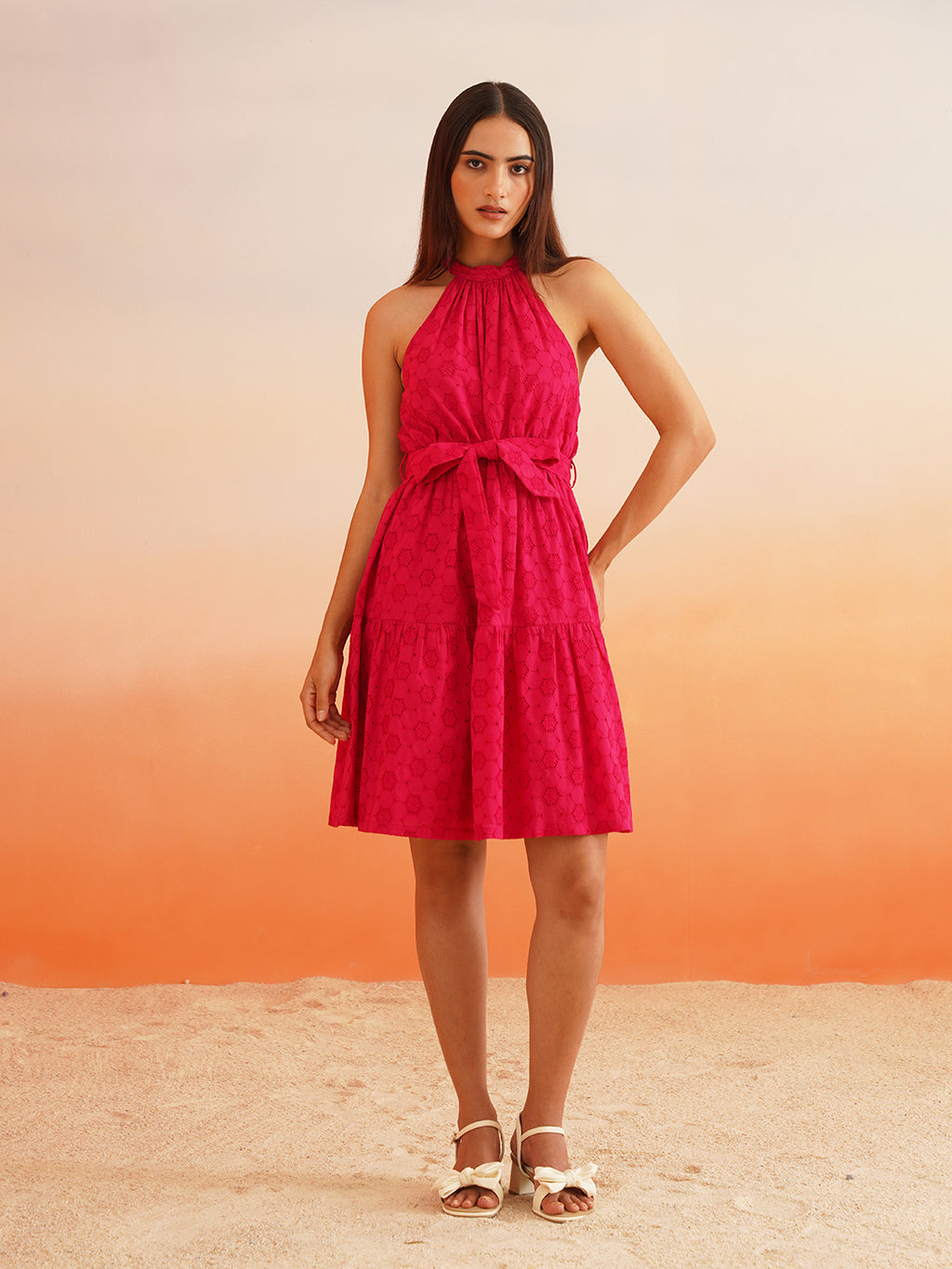 Beatnik Schiffli Halter Neck Sleeveless Pink Dresses Beatnik