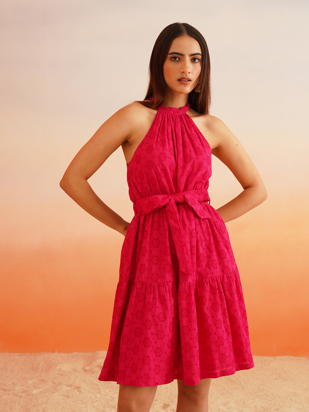 Beatnik Schiffli Halter Neck Sleeveless Pink Dresses Beatnik