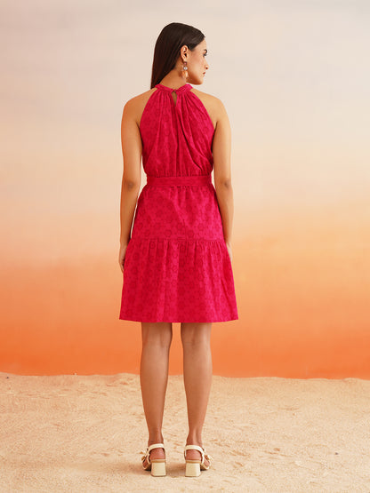 Beatnik Schiffli Halter Neck Sleeveless Pink Dresses Beatnik